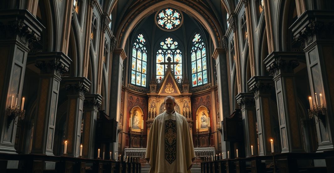 Rewersja katolickiej religii: krytyczne spojrzenie na posoborowe nadużycia i mistyfikacje Ojca Pio Realistyczne zdjęcie katolickiego duchownego w tradycyjnym kościele, wyrażające powagę i kontrowersję wobec posoborowych nadużyć