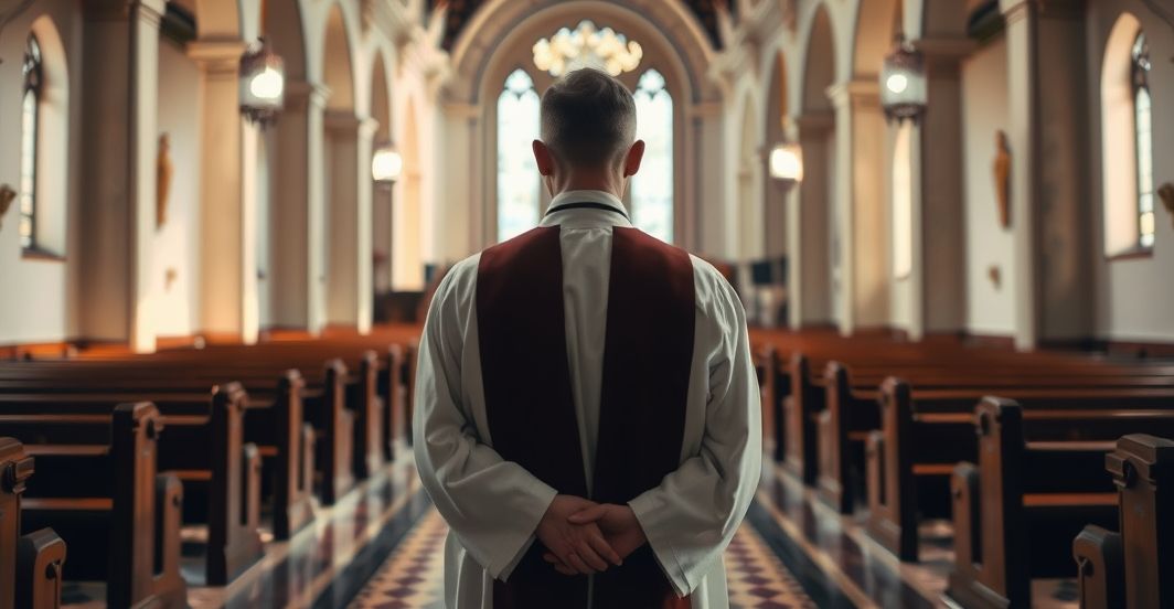 Obraz katolickiego duchownego w tradycyjnym kościele, symbolizujący wierną katolicką misję i krytykę współczesnych zmian