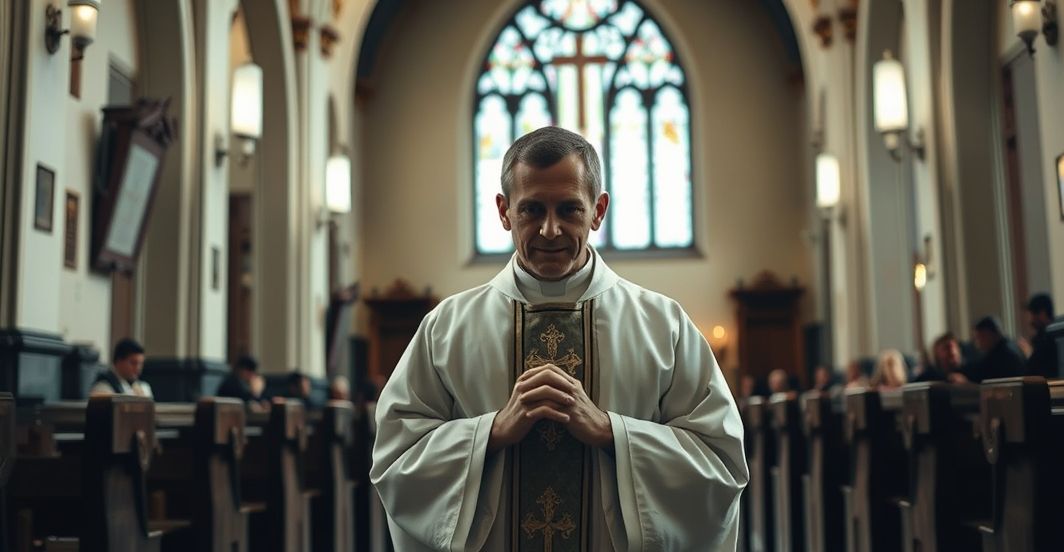 Wnętrze tradycyjnego kościoła katolickiego z kapłanem odprawiającym Mszę św., widoczni tajni agenci w tle, ukazujące krytykę inwigilacji i ataku na Tradycję katolicką