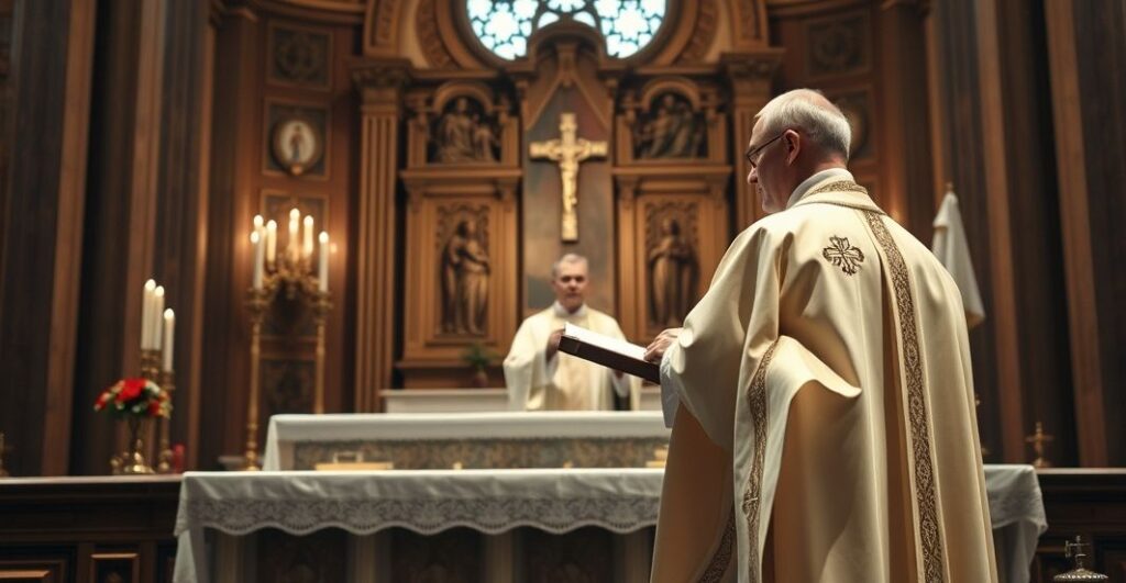 Kapłan w tradycyjnym stroju podczas poważnej homilii w świątyni, symbolizujący wierność nauczaniu Kościoła i krytykę współczesnych herezji