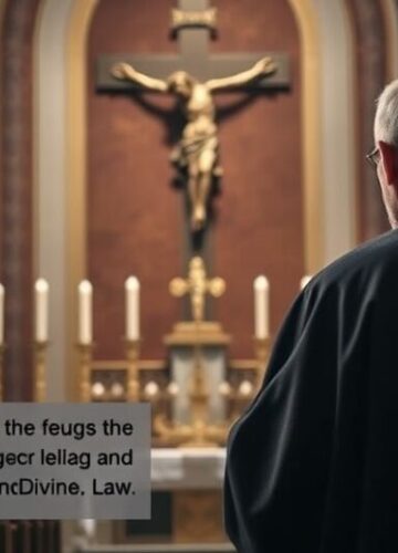 Kłótnia o suwerenność Chrystusa w katolickim kościele Klasztorny kapłan w tradycyjnym stroju, mówiący do wiernych w kościele z krucyfiksem, symbolizujący obronę katolickiej prawdy przeciw nowoczesnym zagrożeniom