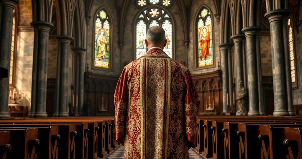 Zdjęcie realistycznego katolickiego kapłana w tradycyjnych szatach, stojącego przed ołtarzem w historycznym kościele, ukazujące głęboką pobożność i wierność naukom Kościoła w obliczu modernistycznej krytyki.