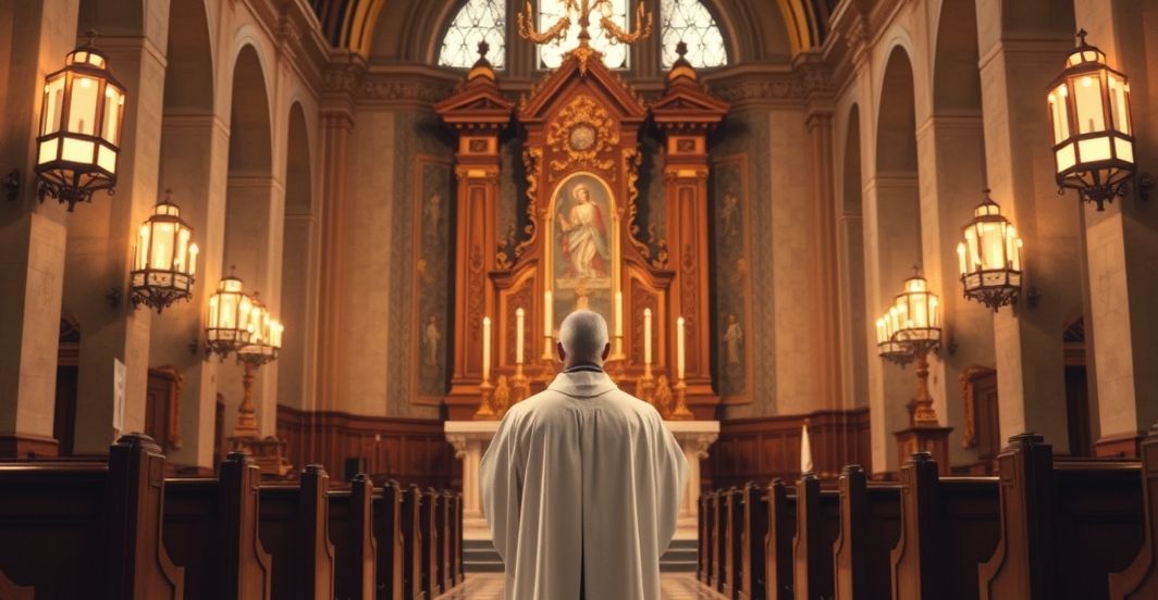 Obraz katolickiego kapłana w tradycyjnym ołtarzu, wyrażający krytykę nowoczesnych zmian w Kościele, ukazany w realistycznej, modlitewnej scenerii kościelnej