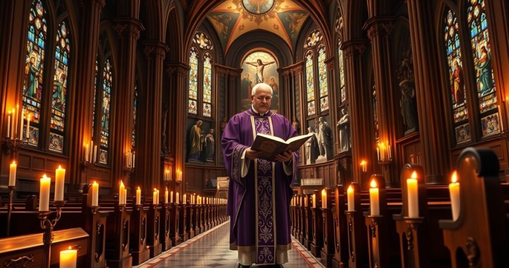 Siedzący kapłan w tradycyjnej szacie liturgicznej czyta z księgi, w głębokiej refleksji w kościele, symbolizując kryzys wiary i odchodzenie od nauk Chrystusa