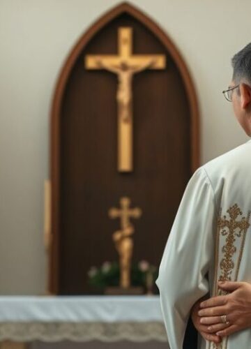 Sakramentale w tradycyjnym kościele katolickim jako krytyka modernistycznych tendencji Koncelebrowana scena w tradycyjnej kaplicy katolickiej z kapłanem w liturgicznym stroju, symbolizująca krytykę ekumenizmu i modernistycznych praktyk w Kościele