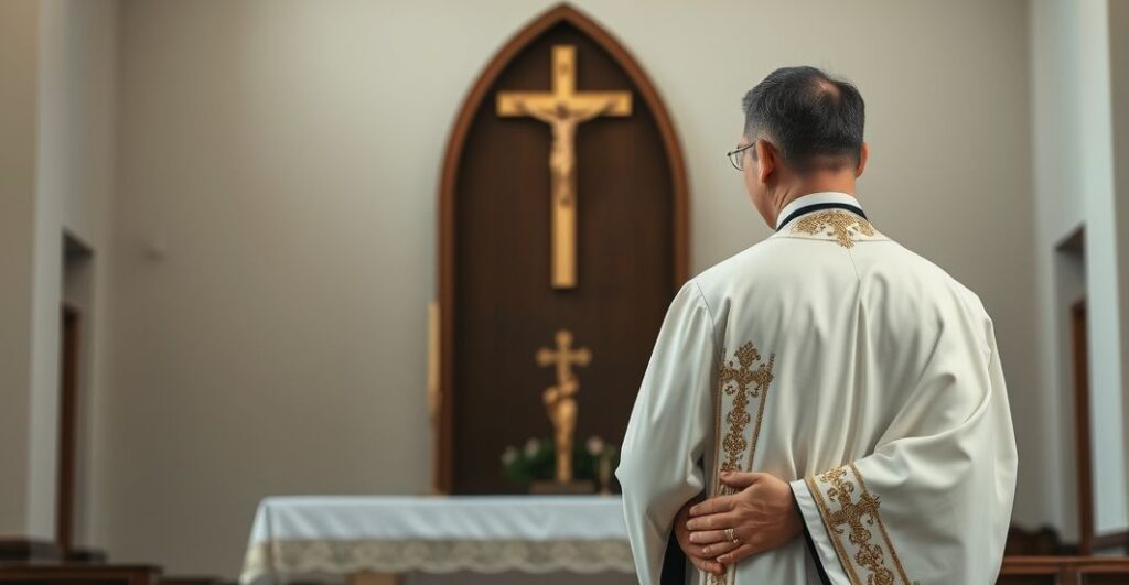 Koncelebrowana scena w tradycyjnej kaplicy katolickiej z kapłanem w liturgicznym stroju, symbolizująca krytykę ekumenizmu i modernistycznych praktyk w Kościele