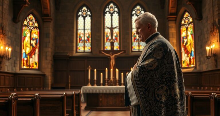 Kapłan w tradycyjnych szatach przed ołtarzem z krzyżem, świecami, symbolizujący wierność prawdzie katolickiej w kontekście krytyki modernistycznej.