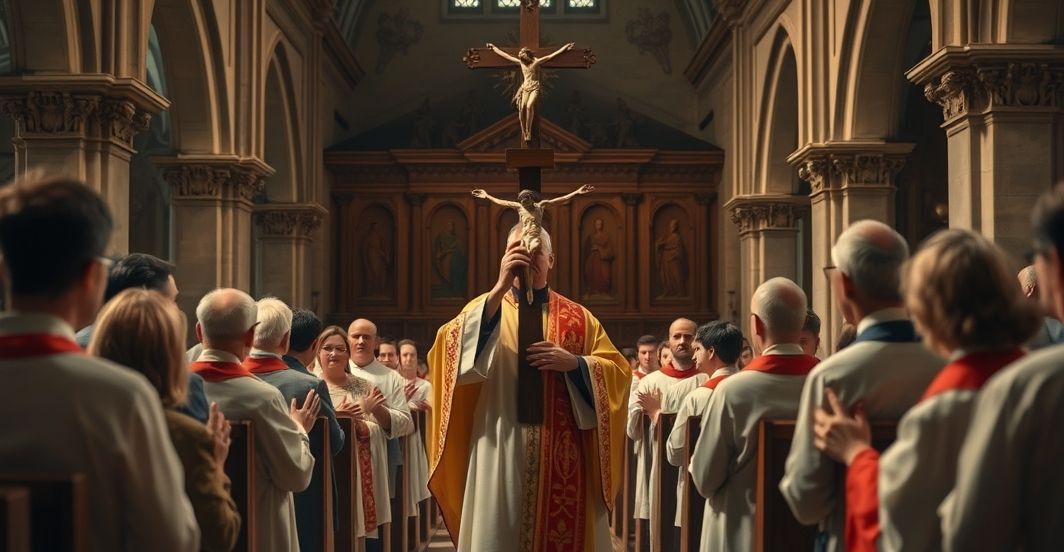 Sakramentale w tradycyjnym kościele katolickim jako krytyka modernistycznych tendencji Koncelebrowana scena w tradycyjnej kaplicy katolickiej z kapłanem w liturgicznym stroju, symbolizująca krytykę ekumenizmu i modernistycznych praktyk w Kościele