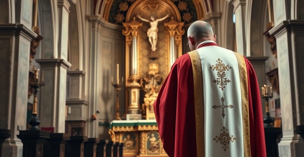 Kardynał w tradycyjnych szatach kapłańskich modli się w starym kościele, wyraz powagi i krytyki wobec nowoczesnych praktyk religijnych