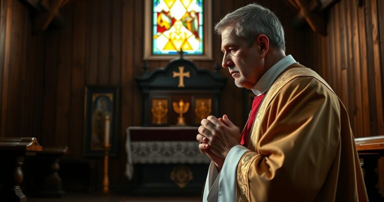 Kapłan katolicki w ornacie klęczy przed tabernakulum w tradycyjnej kaplicy, modląc się z pokorą i szacunkiem wobec Najświętszego Sakramentu.