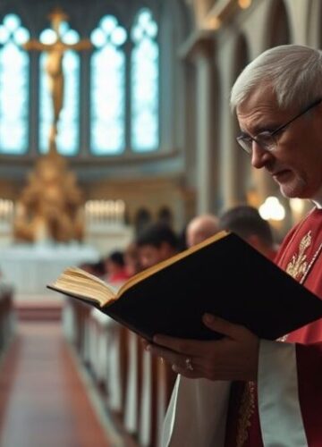 Kultus katolicki w tradycyjnej świątyni - obraz pełen powagi i wiary Ksiądz katolicki w tradycyjnych szatach, modlący się w starej, wielowiekowej katedrze, podkreślający powagę i autentyczną religijność
