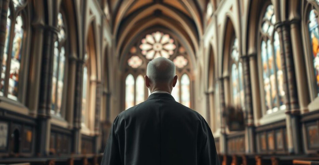 Ksiądz katolicki w tradycyjnych szatach, modlący się w starej, wielowiekowej katedrze, podkreślający powagę i autentyczną religijność