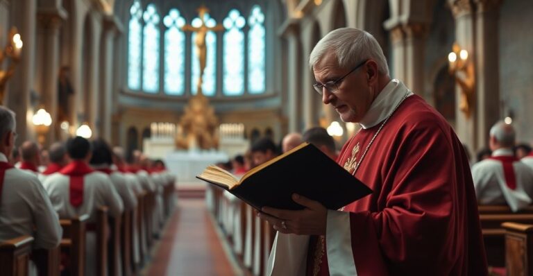 Sanktuarium katolickie z kapłanem w liturgicznych szatach, modlącym się przy ołtarzu w tradycyjnym kościele, symbolizujące wierne katolickie nauki i kontrowersje wobec modernistycznej rewolucji