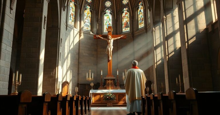 Duchowy katolicki kapłan w liturgicznym stroju, modlący się w sanktuarium z krzyżem, w otoczeniu historycznych elementów kościoła, wywołujący uczucie szacunku i pobożności.