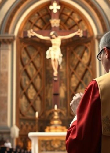 Tradycyjny katolicki kapłan w modlitwie przy krzyżu Kapłan modlący się w kościele przy krzyżu, symbolizujący wierne katolickie wartości i odrzucenie modernistycznych zagrożeń duchowych
