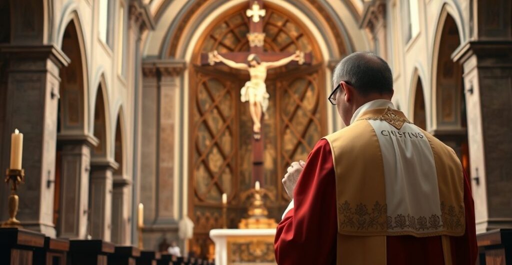Kapłan modlący się w kościele przy krzyżu, symbolizujący wierne katolickie wartości i odrzucenie modernistycznych zagrożeń duchowych