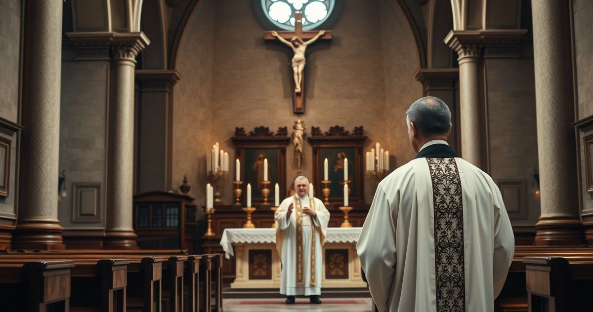 Tradycyjna katolicka scena kryzysu duchowego i moralnego Obraz tradycyjnej katolickiej świątyni z kapłanem w ornacie, ukazujący powagę i duchowość w kontekście kryzysu moralnego i duchowego przedstawionego w mediach