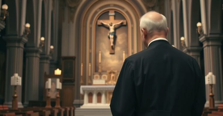 Fotografia realistycznego kapłana katolickiego w tradycyjnej liturgii, symbolizującego opór wobec modernistycznych tendencji w Kościele