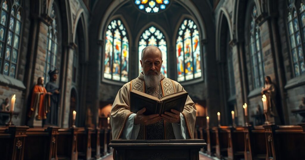 Requiem w tradycyjnej katolickiej świątyni, kapłan w starym ornacie czyta dokument historyczny, symbolizujący moralną refleksję nad heroizmem i ofiarą, z powagą i duchowym uniesieniem