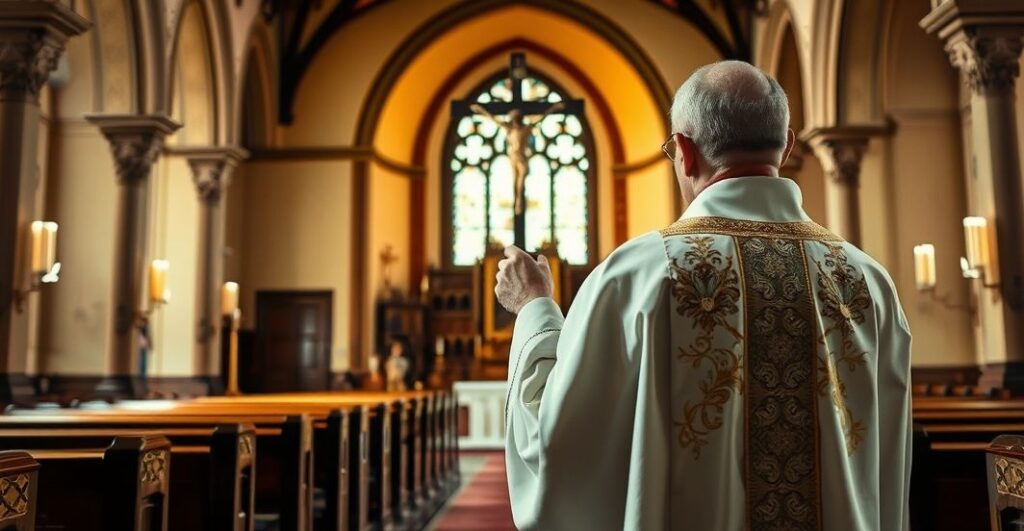 Zdjęcie realistycznego wnętrza kościoła katolickiego z kapłanem w ornatach, podkreślające powagę sytuacji moralnej i duchowej w Kościele wobec skandali związanych z popieraniem aborcji
