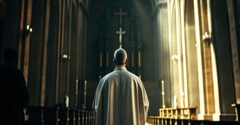 Rewerentny obraz katolickiego kapłana w tradycyjnym kościele, symbolizujący walkę o autentyczną wiarę przeciw modernistycznym wpływom
