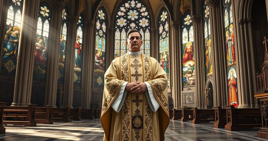 Fotografia realistyczna kapłana w tradycyjnym kościele, symbolizująca katolicką wierność i krytykę modernistycznych tendencji