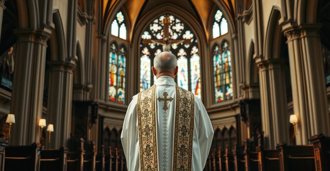 Kapłan katolicki w ornacie w świątyni, symbolizujący wierność tradycyjnej wierze i autorytetowi Chrystusa, w otoczeniu sakralnego wnętrza