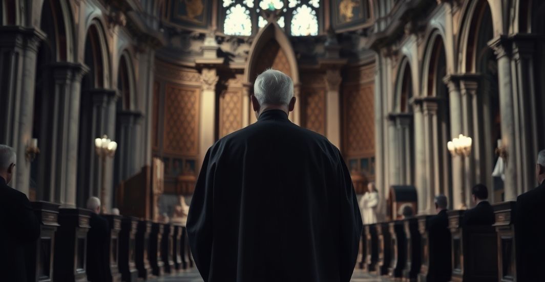 Rewerentny obraz katolickiego kapłana przed ołtarzem w kontekście kryzysu Kościoła Rewerentny obraz katolickiego kapłana przed ołtarzem, ukazujący powagę i troskę o wiarę w obliczu kryzysu strukturalnego i duchowego Kościoła