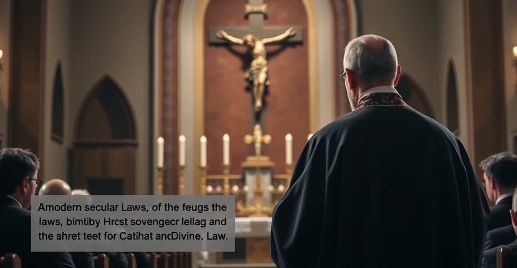 Rewizyta katolicka w historycznym kościele podczas krytyki modernistycznej beatyfikacji Rewerentny katolicki ksiądz w tradycyjnych szatach stojący przed ołtarzem w historycznym wnętrzu kościoła