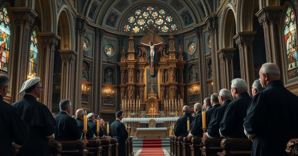 Fotografia realistyczna katolickiego kapłana w tradycyjnym stroju, wyrażającego powagę i krytykę wobec modernistycznych tendencji w Kościele podczas liturgii w zabytkowym kościele