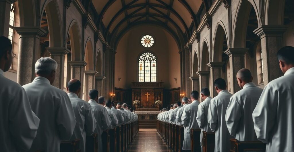 Sanktuarium katolickie z kapłanami w vestamentach, wyrażające sprzeciw wobec modernistycznych wpływów i sekularyzacji Kościoła