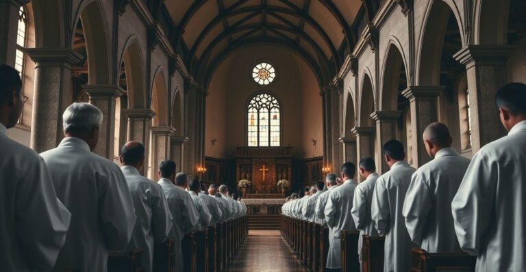 Sanktuarium katolickie z kapłanami w vestamentach, wyrażające sprzeciw wobec modernistycznych wpływów i sekularyzacji Kościoła