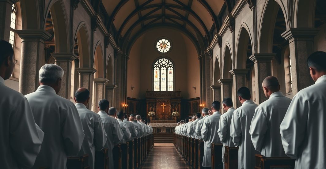 Sanktuarium katolickie z kapłanami w vestamentach, wyrażające sprzeciw wobec modernistycznych wpływów i sekularyzacji Kościoła