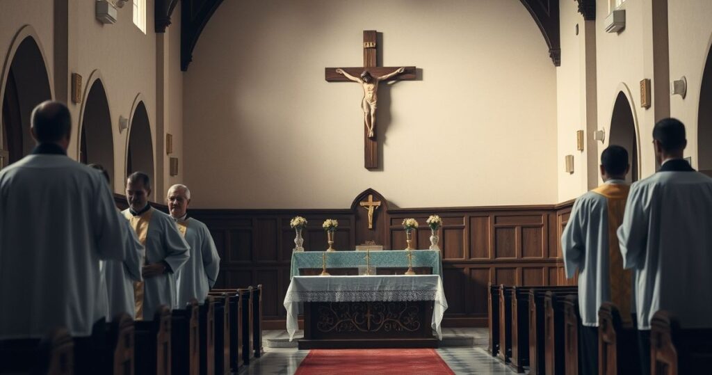 Wnętrze kościoła katolickiego z ołtarzem i kapłanem w vestmentach, podkreślające powagę i wiarę w kontekście krytyki nowoczesnych reinterpretacji religii