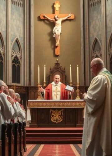 Sanktuarium katolickie podczas krytycznego zgromadzenia duchowieństwa Klerk w tradycyjnych szatach katolickich podczas poważnego zgromadzenia w kościele, symbolizujący odrzucenie modernistycznych błędów i obronę katolickiej nauki