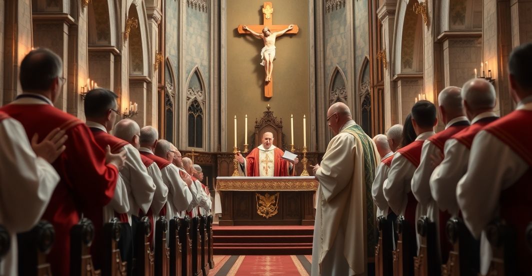 Sanktuarium katolickie podczas krytycznego zgromadzenia duchowieństwa Klerk w tradycyjnych szatach katolickich podczas poważnego zgromadzenia w kościele, symbolizujący odrzucenie modernistycznych błędów i obronę katolickiej nauki