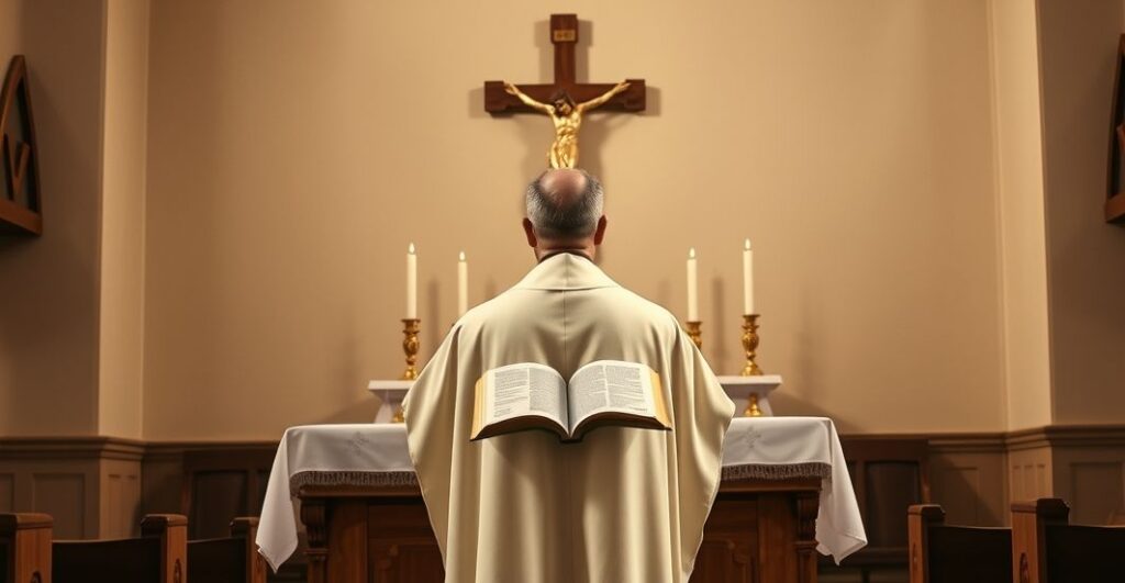 Ksiądz w tradycyjnych szatach przed ołtarzem w kościele, symbolizujący potrzebę prawdziwej wiary katolickiej wobec kryzysu demograficznego i apostazji