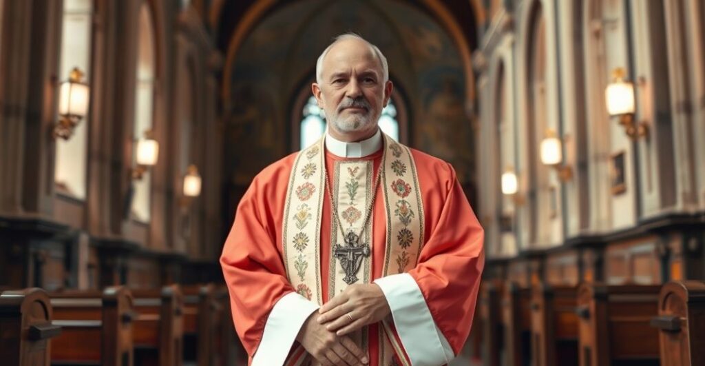 Ksiądz w tradycyjnym stroju katolickim w kościele, wyraz powagi i pobożności, symbolizujący krytykę współczesnych działań z pominięciem prawdziwej wiary