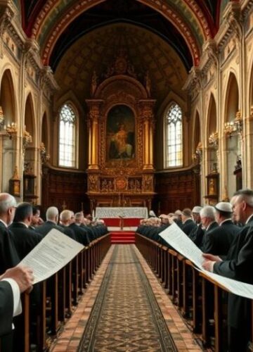 Obraz krytyki sekularnej sprawiedliwości i braku Chrystusowego panowania Rewerentny obraz katolicki ukazujący duchownych w świątyni podczas odczytu dokumentów dotyczących sprawiedliwości międzynarodowej, bez nowoczesnych elementów