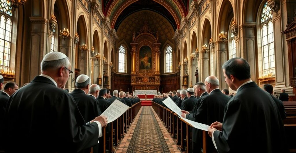 Rewerentny obraz katolicki ukazujący duchownych w świątyni podczas odczytu dokumentów dotyczących sprawiedliwości międzynarodowej, bez nowoczesnych elementów