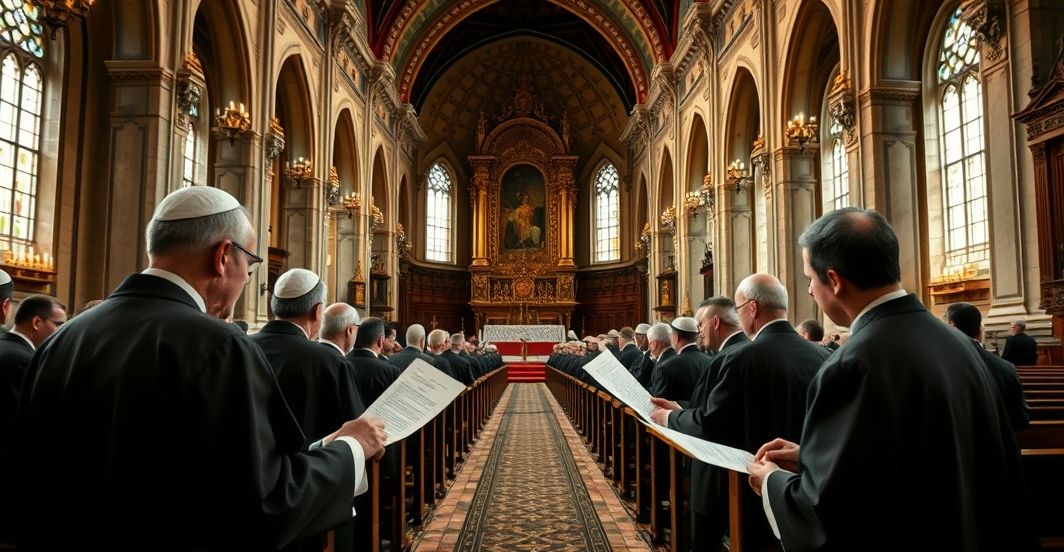 Rewerentny obraz katolicki ukazujący duchownych w świątyni podczas odczytu dokumentów dotyczących sprawiedliwości międzynarodowej, bez nowoczesnych elementów