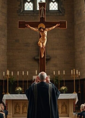 Religijne oblicze Krzyża w tradycyjnym Kościele katolickim Rewersyjny obraz katolickiego kapłana trzymającego krzyż w tradycyjnej świątyni, ukazujący autentyczny kult Krzyża i wierność tradycji
