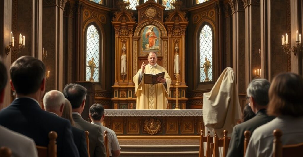 Tradycyjny katolicki ksiądz głoszący homilię w kościele, odzwierciedlający krytykę modernistycznej reinterpretacji nauk Kościoła