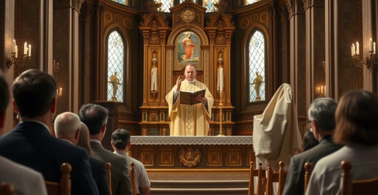 Tradycyjny katolicki ksiądz głoszący homilię w kościele, odzwierciedlający krytykę modernistycznej reinterpretacji nauk Kościoła