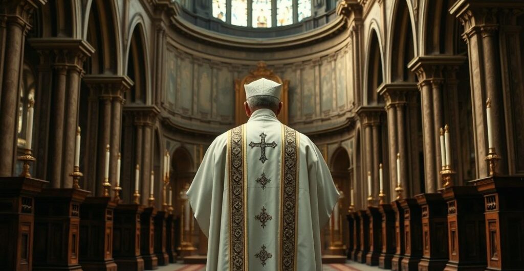 Reverentny obraz katolickiego księdza w tradycyjnych szatach, stojącego przed ołtarzem w starym kościele, symbolizujący krytykę modernistycznych błędów i potrzebę wierności prawdziwemu nauczaniu Kościoła