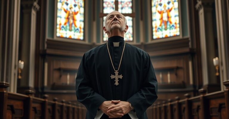 Ksiądz w tradycyjnej sutannie w kościele, krytycznie patrzący na modernistyczne działania i polityczną ingerencję w Kościół katolicki