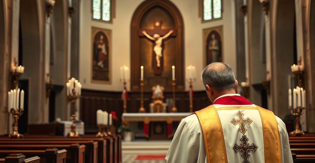 Tradycyjny katolicki ksiądz modli się przy ołtarzu w kościele, symbolizując wiarę i obronę wartości chrześcijańskich przeciwko nowoczesnym zagrożeniom