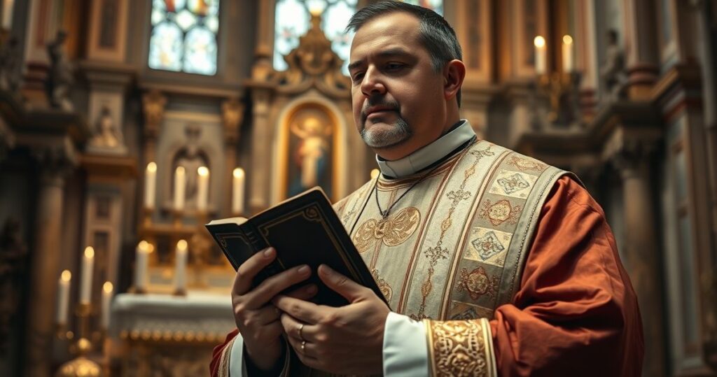 Ksiądz katolicki w świątyni z Biblią, symbolizujący duchowe tradycje i krytykę nowoczesnego sekularyzmu w Kościele