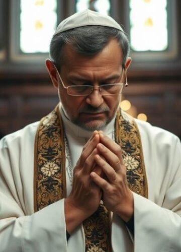 Ksiądz katolicki w modlitwie w świątyni - krytyka współczesnych błędów Ksiądz katolicki w tradycyjnych szatach liturgicznych modli się w starej, poważnej świątyni, symbolizując krytykę nowoczesnych błędów i ekumenizmu.