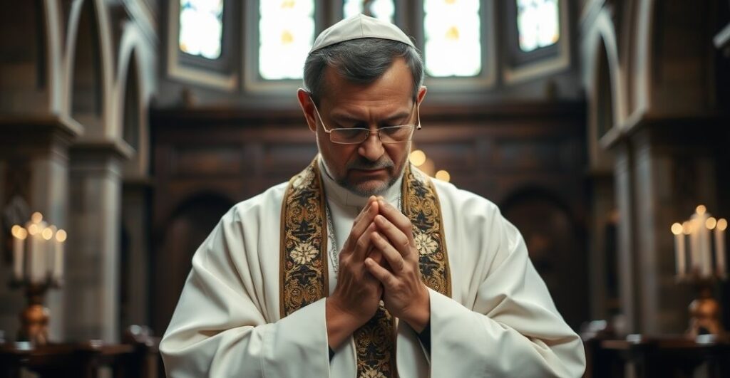 Ksiądz katolicki w tradycyjnych szatach liturgicznych modli się w starej, poważnej świątyni, symbolizując krytykę nowoczesnych błędów i ekumenizmu.